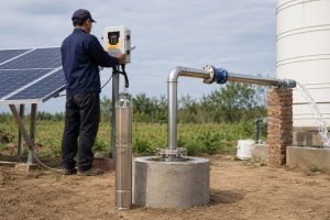 A realistic outdoor deep well solar water pump installation showing a HYBSUN solar pump system in a rural field, with a stainless steel submersible well pump displayed beside the borehole while the actual discharge pipe rises from the concrete wellhead. Clean metal piping connects the well outlet to a nearby water tank, with clear water flowing from the pipe to demonstrate proper operation. A Chinese technician is checking the HYBSUN solar pump controller beside a solar panel array, creating a professional installation scene for deep well pump sizing, TDH calculation, GPM requirements, and efficient solar water pump performance. This image also supports related applications such as a pond pump system, solar powered pond pump setup, and off grid agricultural water supply.