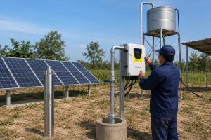 A realistic outdoor HYBSUN solar pump installation showing a stainless steel deep well submersible pump displayed beside a concrete borehole, with clean galvanized metal piping rising from the wellhead to an elevated water tank about 10 feet above the ground. A Chinese technician in blue workwear adjusts the HYBSUN solar pump controller mounted near the well while solar panels power the system in a rural farm setting. Water flows through the professional pipe connection into the storage tank, demonstrating how a solar water pump can lift water efficiently for irrigation, household supply, or a pond pump system. This scene also helps users compare well pumping needs with a solar powered pond pump setup.