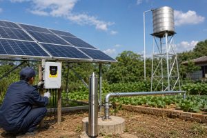 A realistic outdoor HYBSUN solar pump installation scene showing a stainless steel submersible solar water pump displayed beside a concrete borehole wellhead, with clean metal piping lifting water toward an elevated storage tank about 20 feet above the ground. A Chinese technician is checking the HYBSUN solar pump controller mounted near a solar panel array, while the pipework connects professionally from the well outlet to the raised tank for farm and garden water supply. The scene highlights a practical solar water pump system with solar panels, controller, borehole piping, and irrigation surroundings, helping users understand pump sizing for a 20 foot lift and reliable off grid water delivery.