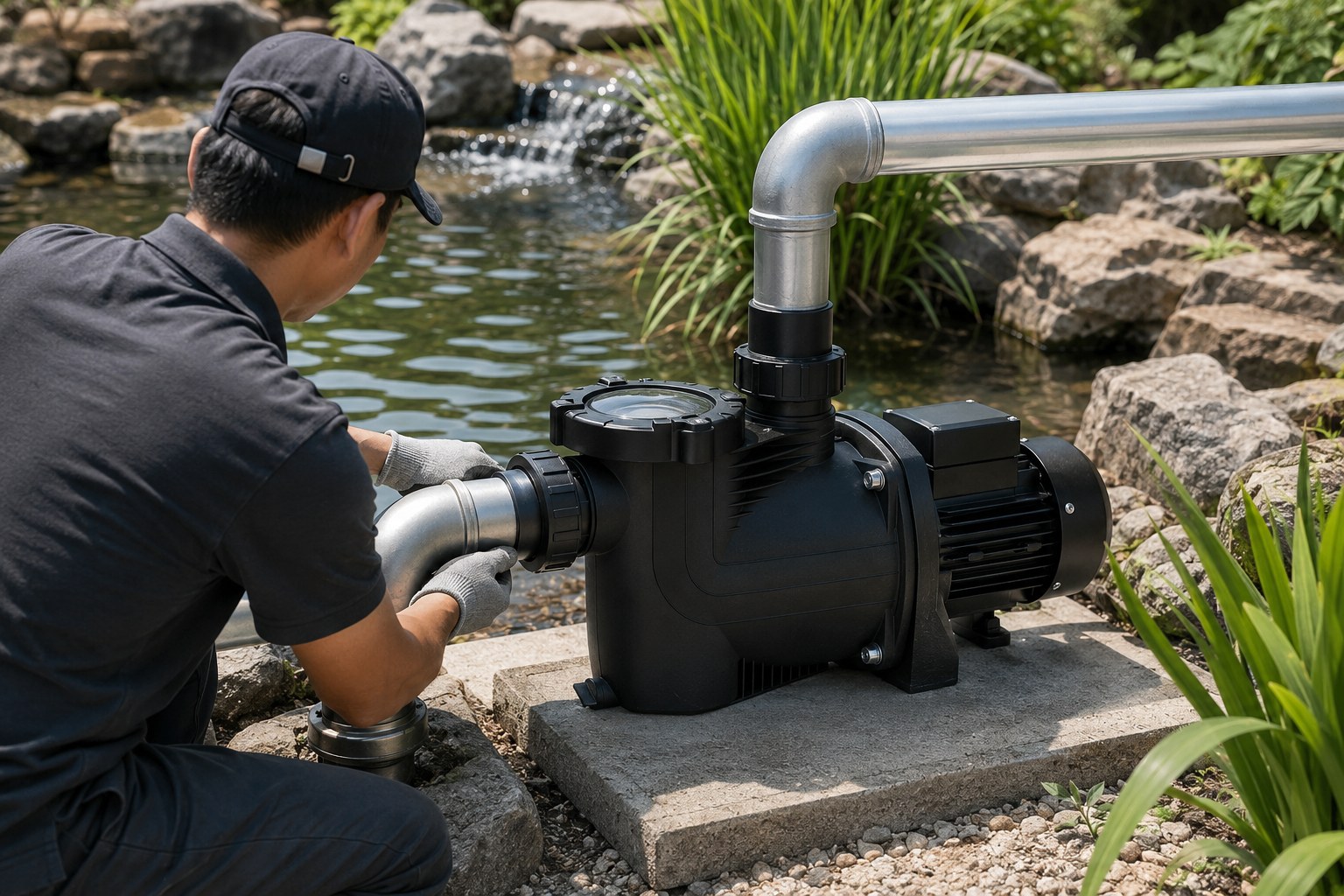 A well-sized solar pump creating a beautiful waterfall in a lush garden pond.