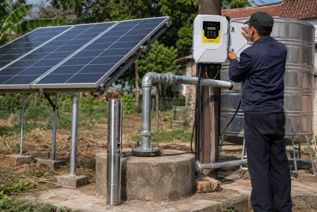 A realistic outdoor HYBSUN solar pump installation showing a stainless steel submersible well pump displayed beside a concrete wellhead, with clean metal outlet pipes connected to a water storage tank and a nearby solar panel array. A Chinese technician checks the HYBSUN controller mounted beside the system while the pump setup demonstrates how a solar water pump can deliver reliable flow for well water supply, irrigation, or a pond pump system. The scene shows no open water discharge, with water routed through sealed metal piping for a professional solar powered pond pump and well pump application.