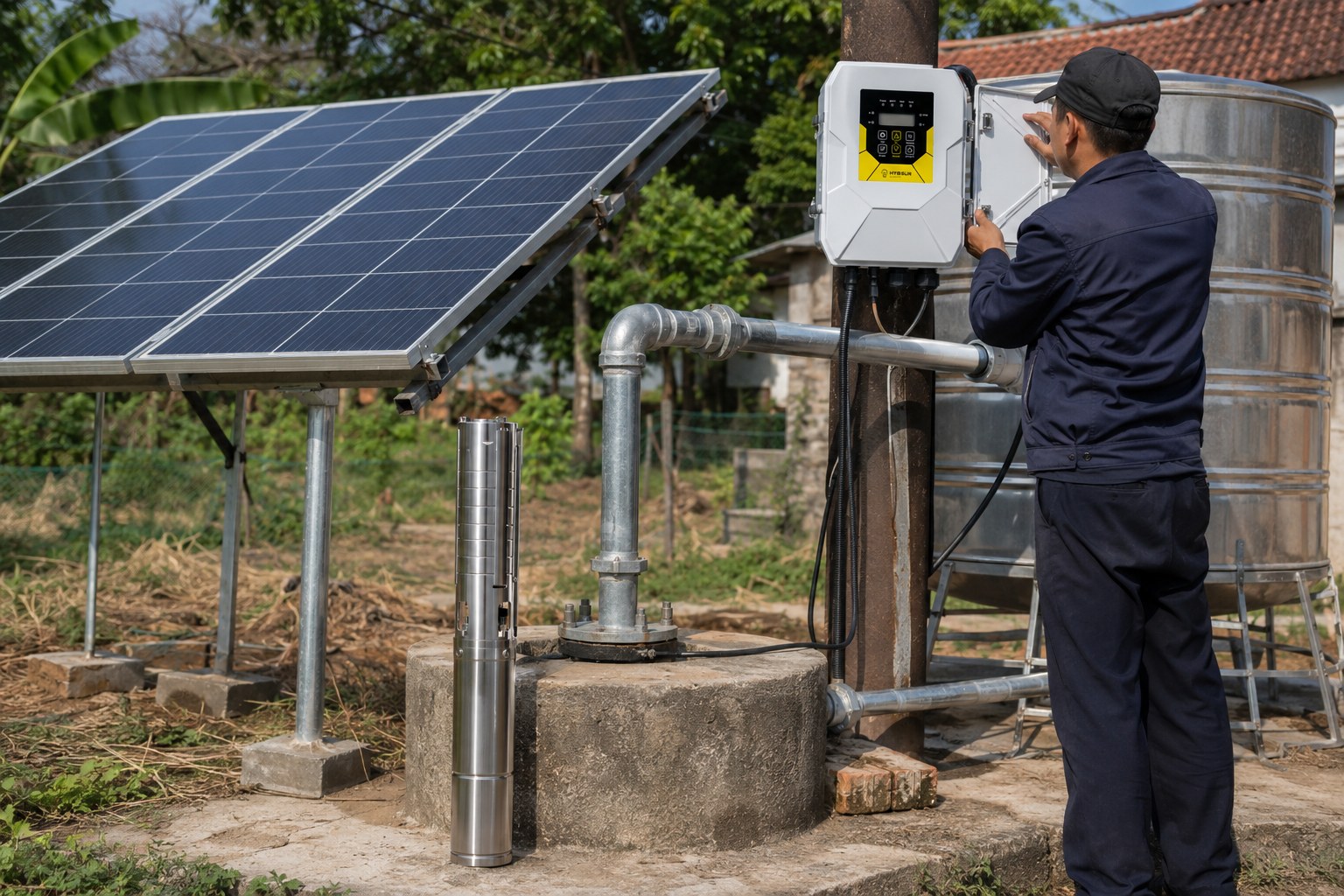 A high-flow water pump operating in a field