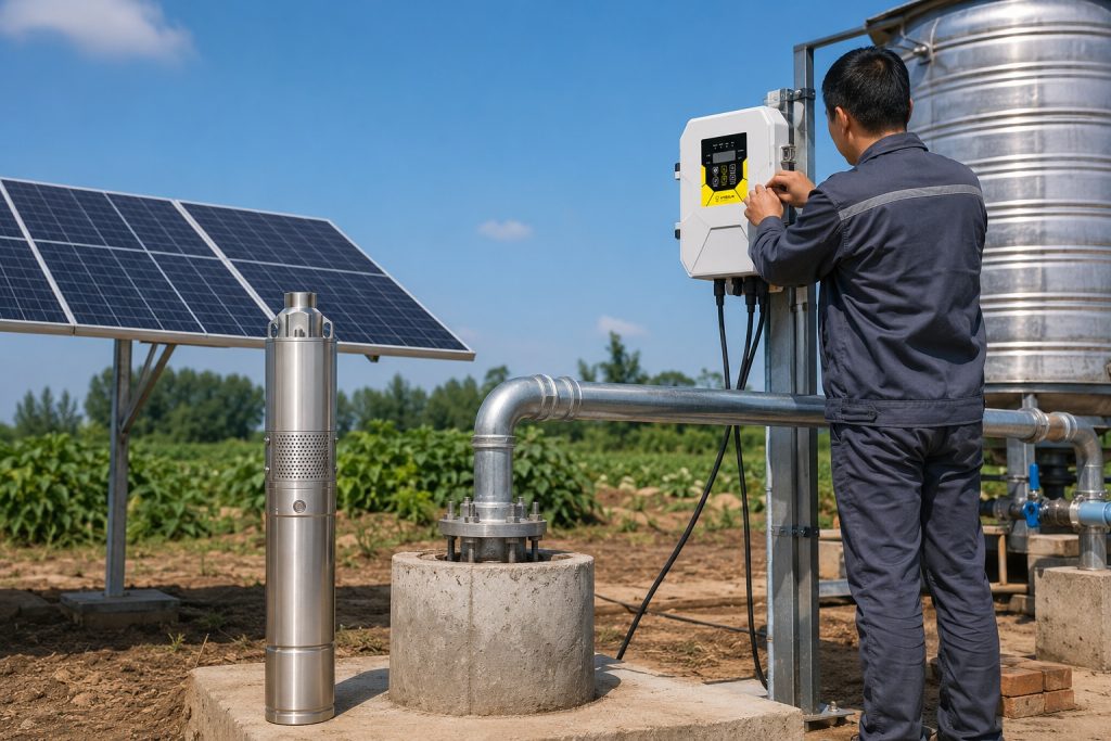 A realistic outdoor HYBSUN solar pump installation showing a stainless steel solar water pump displayed beside a concrete wellhead, with clean metal piping connected from the borehole to a nearby water tank and irrigation line. A Chinese technician is adjusting the HYBSUN solar pump controller while solar panels power the pond pump system in a sunny agricultural setting. The scene shows a professional solar powered pond pump and well pump setup with organized cables, new pipe fittings, water storage equipment, and a natural farm background.