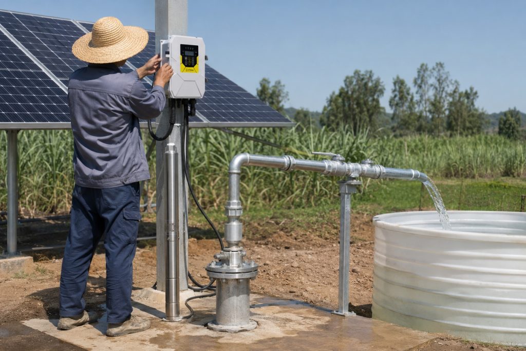 A realistic outdoor HYBSUN solar pump installation in an off grid agricultural field, showing a Chinese technician adjusting a wall mounted solar pump controller beside a row of solar panels. A stainless steel submersible borehole pump is displayed upright next to the wellhead as a product reference, while the actual working system draws water from the well through a clean galvanized metal discharge pipe. The pipe is professionally connected with elbows, unions, valves, and support brackets, carrying clear running water into a white storage tank for irrigation use. The scene highlights a complete solar water pump system for rural water supply, farming, livestock watering, and applications where a reliable HYBSUN solar pump is needed beyond a basic solar powered pond pump or pond pump system.