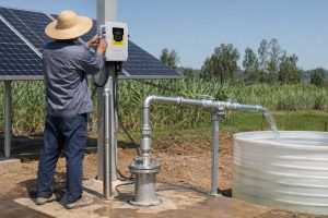 A realistic outdoor HYBSUN solar pump installation in an off grid agricultural field, showing a Chinese technician adjusting a wall mounted solar pump controller beside a row of solar panels. A stainless steel submersible borehole pump is displayed upright next to the wellhead as a product reference, while the actual working system draws water from the well through a clean galvanized metal discharge pipe. The pipe is professionally connected with elbows, unions, valves, and support brackets, carrying clear running water into a white storage tank for irrigation use. The scene highlights a complete solar water pump system for rural water supply, farming, livestock watering, and applications where a reliable HYBSUN solar pump is needed beyond a basic solar powered pond pump or pond pump system.