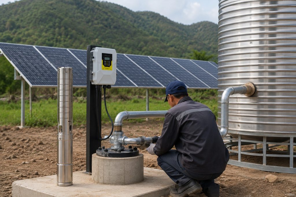 A realistic outdoor HYBSUN solar pump installation showing one stainless steel submersible well pump displayed beside a concrete borehole wellhead, with clean metal piping connected from the well to a large water storage tank. A Chinese technician is crouching near the pipework to inspect the system, while a HYBSUN controller is mounted on a post and solar panels stand behind the equipment in a rural field. The closed pipeline design shows how a DC solar water pump can be powered by solar energy for efficient water transfer, irrigation, or a pond pump system, while the scene helps explain the practical difference between AC and DC pump applications. This professional field setup highlights a solar powered pond pump style layout, clean pipe connections, and reliable HYBSUN solar pump technology for outdoor water supply.