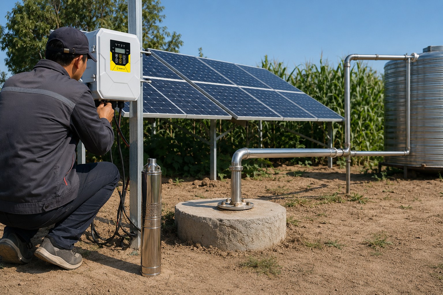 A collage of different solar water pumps in various environments like farms and gardens