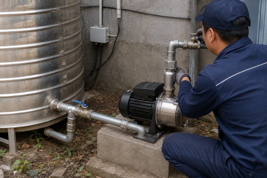 A realistic outdoor installation scene showing a HYBSUN style water booster pump mounted on a concrete base beside a stainless steel water storage tank. The compact horizontal pump has a polished stainless steel pump body, black motor housing, and clean metal inlet and outlet pipes connected with professional valves, elbows, and unions. A Chinese technician in workwear is checking the pipe fitting near the discharge line, while the pump draws water from the storage tank and sends it into the building supply line for stronger, more stable pressure. The dry and accessible utility area includes a wall mounted power box, neat pipe routing, and natural outdoor surroundings. No solar panels are visible in this booster pump setup, but the scene is suitable for HYBSUN water pump content related to solar water pump systems, solar powered pond pump applications, pond pump system planning, and HYBSUN solar pump solutions.
