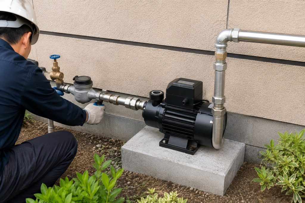 A realistic outdoor installation scene showing a black HYBSUN style water booster pump mounted on a concrete base beside a building wall. A Chinese technician wearing a safety helmet and gloves is checking the main water line connection near the water meter and shutoff valve, demonstrating where a water booster pump should be installed for better household water pressure. Clean metal pipes, elbows, unions, valves, and a vertical outlet line are professionally connected to the pump, creating a practical setup for improving weak showers and slow faucets. The pump is placed in an accessible protected location close to the water source, with soil and green plants around the equipment area. No visible water discharge is shown, but the closed piping system appears ready for stable pressurized flow. This type of clean outdoor installation approach also supports HYBSUN solar pump projects, solar water pump systems, solar powered pond pump applications, and reliable pond pump system layouts.