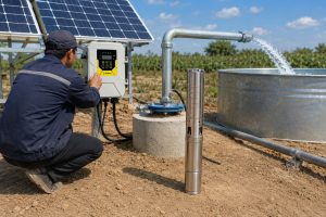 A HYBSUN solar pump installation in a rural outdoor setting, showing a stainless steel deep well submersible pump displayed beside a concrete borehole while the real system operates through clean metal piping connected to the wellhead. A Chinese technician checks the HYBSUN controller under solar panels as water flows from the galvanized outlet pipe into a large metal storage tank. The scene highlights a professional solar water pump setup with reliable pipe connections, farm irrigation surroundings, and equipment details useful for comparing a solar powered pond pump, pond pump system, and deep well solar pumping solution.