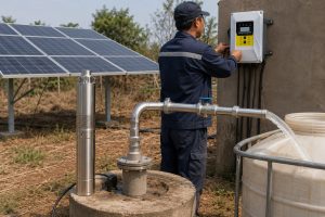A realistic outdoor installation scene showing a HYBSUN solar pump system beside a rural wellhead, with a stainless steel submersible water pump displayed upright next to the concrete borehole opening while clean metal piping carries water from the well outlet into a storage tank. A Chinese technician is adjusting the solar pump controller mounted on a concrete wall, with black cables neatly connected below the control box. Large solar panels stand in the background, supplying power to the solar water pump system for deep well water supply, irrigation, and off grid use. The new metal pipework, valve fittings, steady water flow, controller setup, and practical farm environment highlight the reliable application of a HYBSUN solar pump for agricultural water delivery, similar system planning, and solar powered pond pump or pond pump system projects.