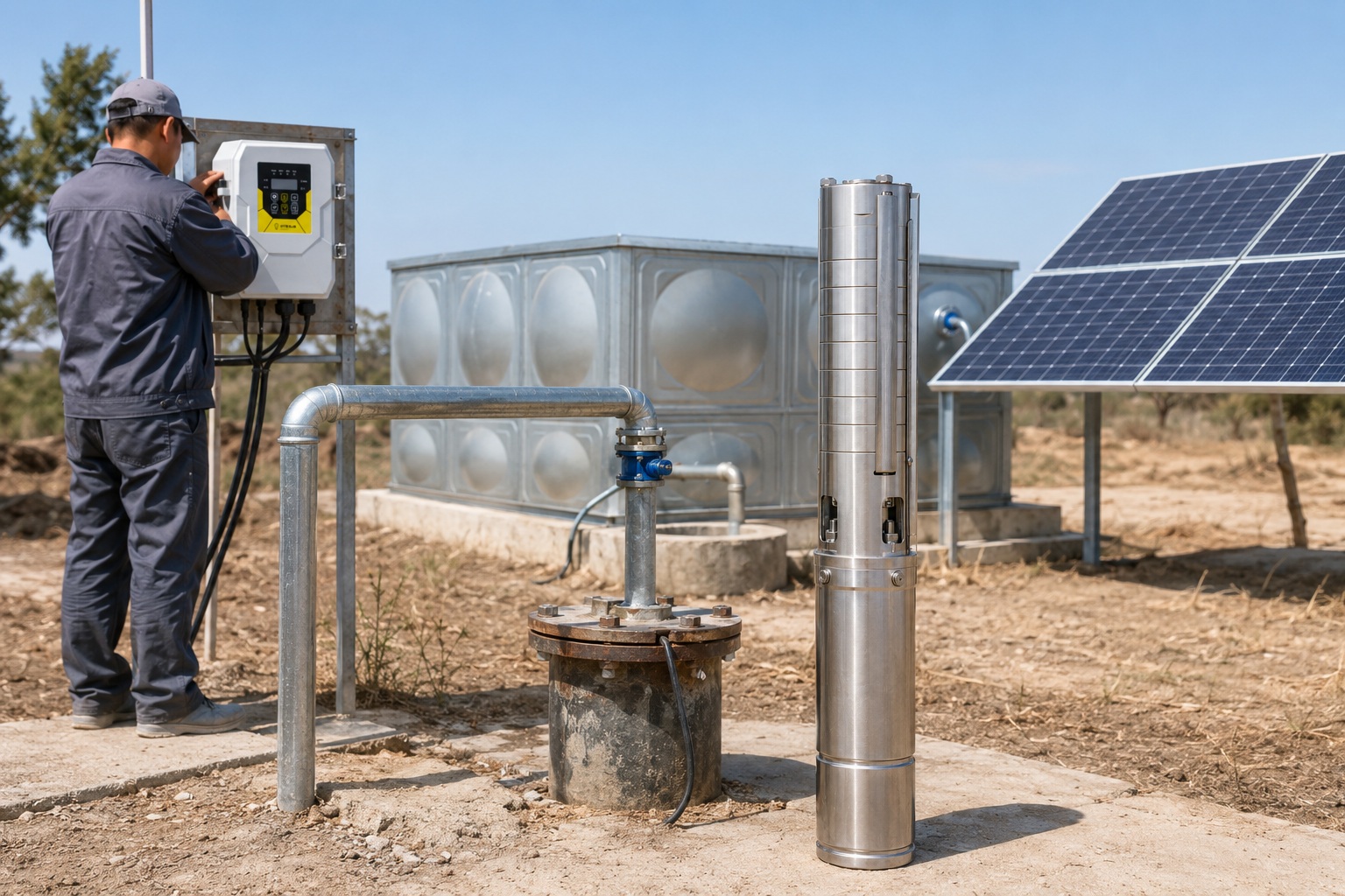 A powerful solar water pump spraying water in a field