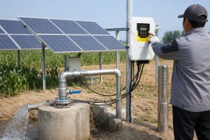 A realistic outdoor farm installation shows a HYBSUN solar pump system operating in a rural irrigation setting, with a stainless steel submersible well pump displayed upright beside the borehole while the actual water flow comes through a clean metal pipe rising from the concrete wellhead. Fresh galvanized elbows, fittings, a blue handle valve, and secure cable connections create a professional working setup, with water flowing steadily into an irrigation channel. A HYBSUN solar pump controller is mounted on a metal post near the well, while a Chinese technician in work clothes adjusts the control panel without showing his face. Large solar panels behind the system power the installation across the crop field, making the scene suitable for users comparing a solar water pump, HYBSUN solar pump, solar powered pond pump, pond pump system, or off grid agricultural water pumping solution.