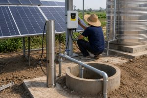 A realistic outdoor installation scene showing a HYBSUN solar pump system for an off grid water supply project, with a stainless steel deep well solar water pump displayed beside a concrete borehole while clean metal piping carries water from the wellhead toward a large stainless steel storage tank. Solar panels are mounted on a metal frame behind the system, and a HYBSUN controller is installed on a post as a technician checks the equipment. The professional setup includes neat pipe elbows, valves, fittings, and secure connections, making it suitable for agricultural irrigation, rural water supply, and pond pump system applications where a reliable solar powered pond pump or solar water pump is needed.