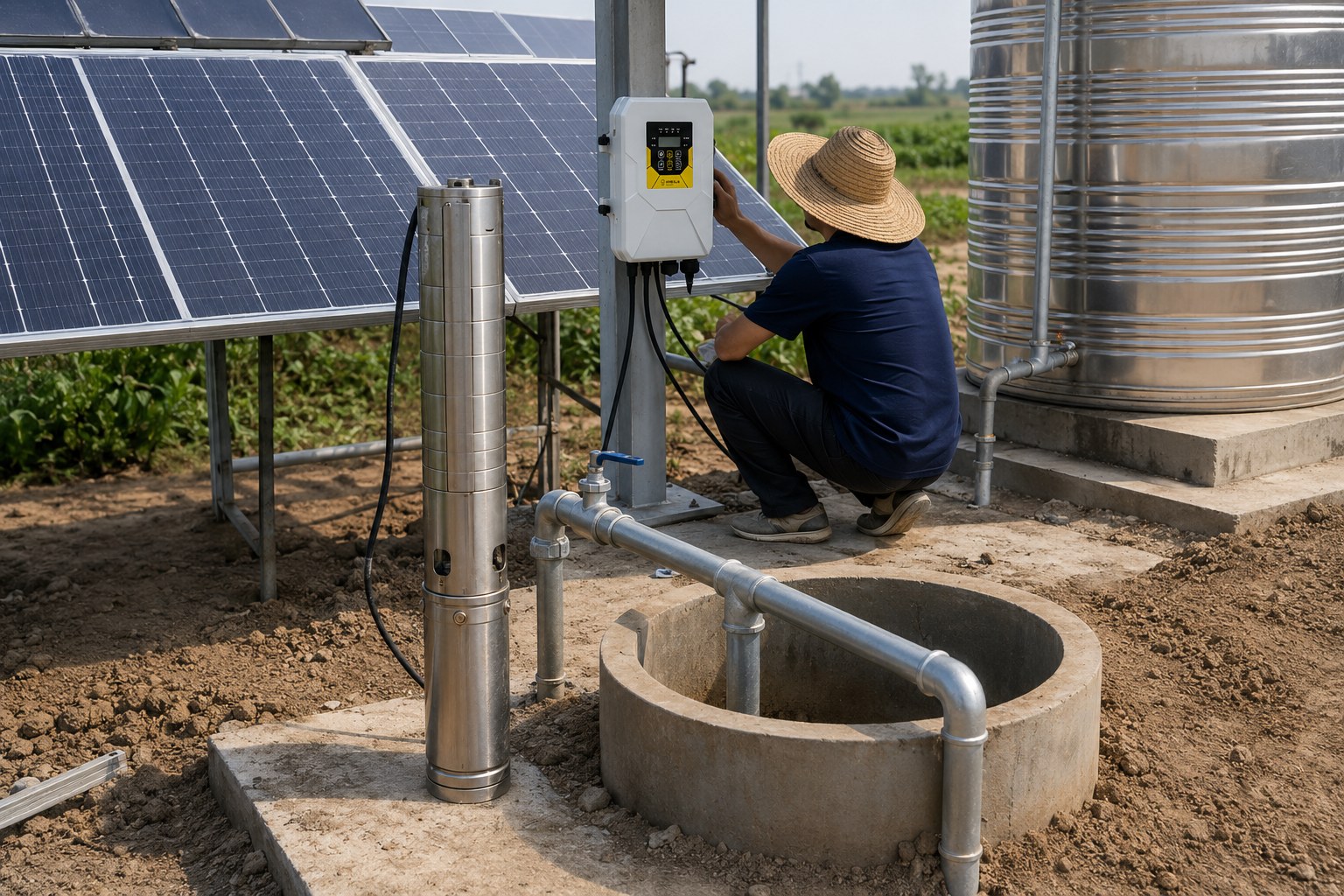 A collage of different solar water pumps in various settings like farms and homes