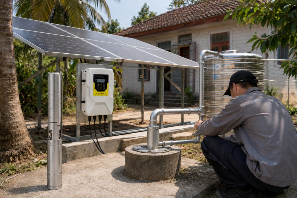 A realistic outdoor home water supply installation featuring a HYBSUN solar pump system beside a residential well. The scene shows a stainless steel submersible water pump displayed near the wellhead, with clean metal pipes rising from the well and connecting to a household water storage tank. A HYBSUN controller is mounted beside the solar panels, while a technician checks the pipe fittings without showing his face. The setup demonstrates how a solar water pump can support stable home water pressure for daily use, irrigation, or a pond pump system, offering a practical solution for weak showers and low faucet flow. The surrounding house, solar panel array, metal tank, and professional pipe connections create a natural real world installation environment for a HYBSUN solar pump or solar powered pond pump application.