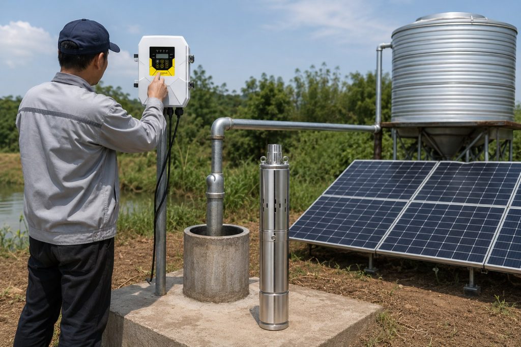 A realistic outdoor HYBSUN solar pump installation scene showing a stainless steel submersible well pump displayed beside a concrete wellhead, with clean metal outlet piping connected toward a raised water storage tank. A Chinese technician is checking the HYBSUN controller while solar panels power the system in a rural field near a pond, creating a practical solar water pump setup for long term water supply, irrigation, and pond pump system applications. The professional pipe layout, controller placement, and solar powered pond pump environment highlight a reliable HYBSUN solar pump solution for wells, farms, and off grid water systems.