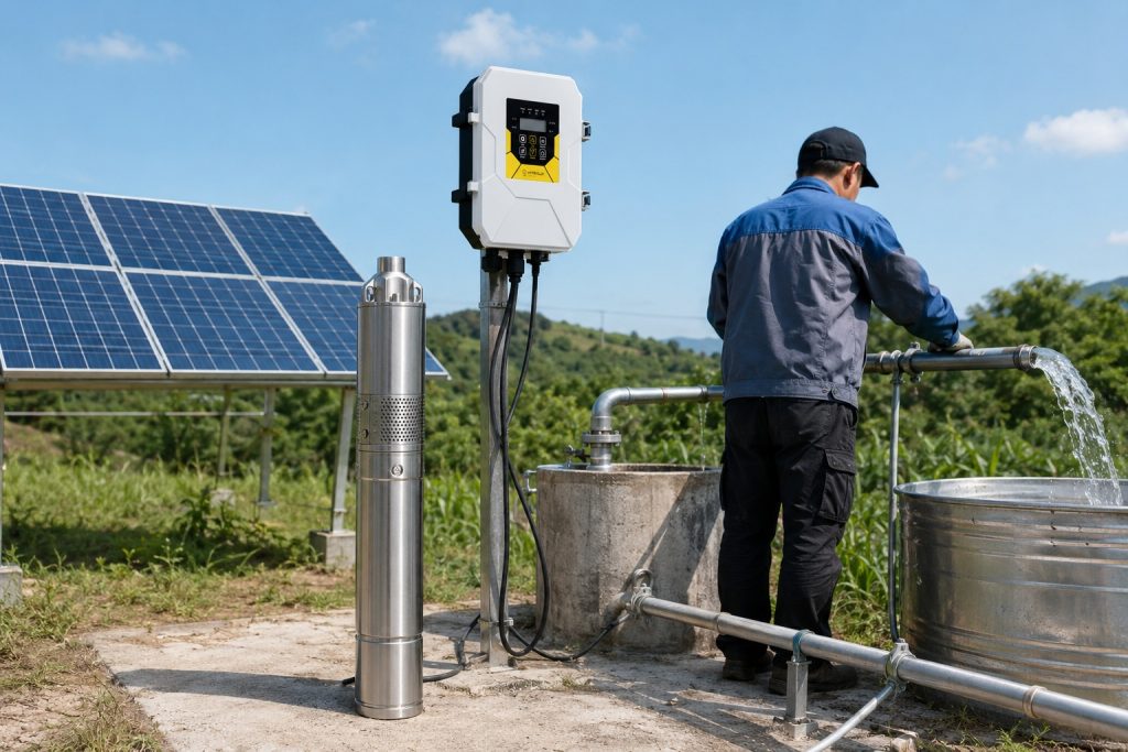 A realistic outdoor deep well solar water pump installation showing a stainless steel HYBSUN solar pump displayed beside a concrete borehole, with clean metal piping connected from the wellhead to a galvanized water tank. Water flows strongly from the outlet pipe into the tank while a Chinese technician checks the pipe connection near the well. A HYBSUN controller is mounted on a post next to the well, with solar panels installed in the background across a rural green landscape. This high pressure solar screw pump system is designed for deep well water lifting and irrigation applications, offering stronger head performance than a standard solar powered pond pump or small pond pump system.