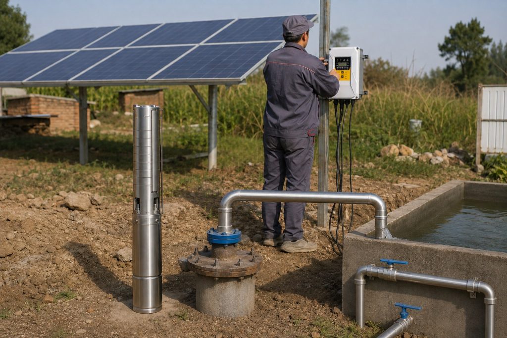 A realistic outdoor borewell installation scene showing a HYBSUN solar pump system with a stainless steel deep well submersible pump displayed beside the wellhead, clean metal discharge pipes connected from the borewell to a concrete water tank, and water flowing steadily into the reservoir. A technician is checking the HYBSUN controller mounted near the solar panel array, while the surrounding rural field setting shows a practical solar water pump setup for irrigation and water storage. This professional installation highlights how a HYBSUN solar pump can support borewell pumping, pond pump system applications, and solar powered pond pump solutions with reliable pipe connections and efficient water delivery.