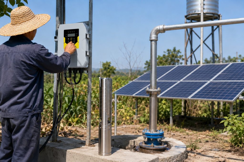 A realistic outdoor installation scene showing a HYBSUN solar pump system at a rural farm site, designed to answer which pump is most energy efficient for reducing electricity costs. A stainless steel solar water pump is displayed beside a concrete wellhead, while the actual borehole installation is shown through a clean metal discharge pipe rising from the well and connecting toward an elevated water tank. A Chinese technician wearing a straw hat checks the HYBSUN solar pump controller mounted on a metal frame, with cables neatly connected for professional operation. Large solar panels beside the field supply power to the system, supporting efficient water transfer for irrigation or storage without relying on grid electricity. The clean pipework, controller, wellhead, solar array, and farmland surroundings create a practical high efficiency setup comparable to a solar powered pond pump or pond pump system, while accurately showing how a solar water pump works in a real agricultural environment.