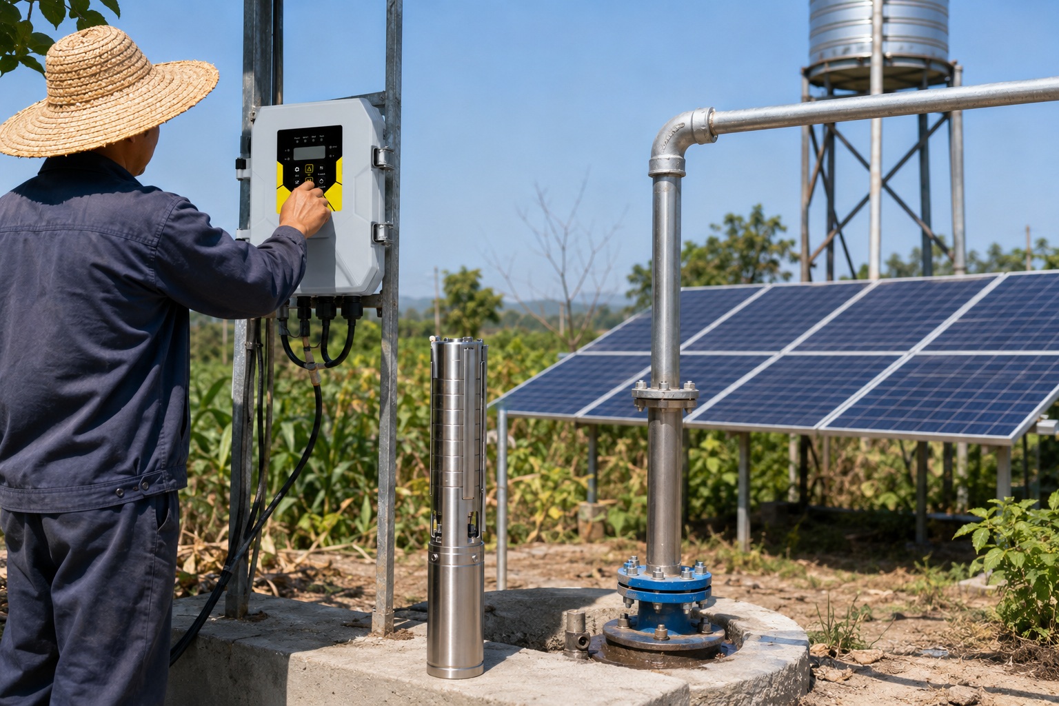 An energy-efficient solar water pump system in a sunny field
