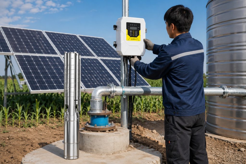 A professional outdoor HYBSUN solar pump installation scene showing a stainless steel solar water pump displayed beside a concrete wellhead, with clean galvanized metal piping connected from the borehole to a large water tank. A Chinese technician is adjusting the HYBSUN solar pump controller while solar panels power the system in an agricultural field. The setup highlights a durable deep well pump system with stainless steel construction, realistic pipe connections, and long term reliability for buyers comparing a solar powered pond pump, pond pump system, or high efficiency solar water pump solution.