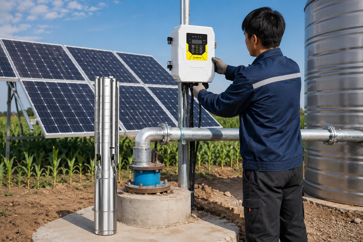 A durable solar water pump operating in a field