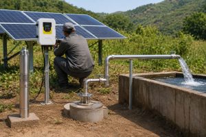 A realistic outdoor HYBSUN solar pump installation showing a stainless steel solar submersible pump displayed beside a borehole wellhead, with clean metal outlet piping carrying water into a concrete storage tank. A Chinese technician is checking the HYBSUN controller under a row of solar panels, while new stainless steel elbows, valves, pipe supports, and fittings create a professional off grid solar water pump system for agricultural or rural water supply. The scene highlights how a solar submersible pump works below ground while the surface installation delivers steady water flow to a tank or irrigation line. This setup is larger and more durable than a small solar powered pond pump or basic pond pump system, making it suitable for customers who need an efficient HYBSUN solar pump for wells, farms, and reliable off grid water access.