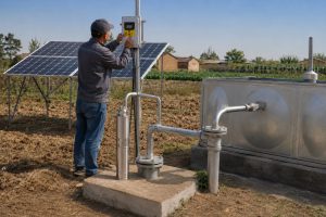 A realistic outdoor farm installation scene showing a HYBSUN solar water pump system connected to a deep well and metal water storage tank. A Chinese technician is adjusting the solar pump controller mounted beside the wellhead, while clean metal pipes carry water from the borehole outlet into the tank. Solar panels are installed nearby to power the system, creating a reliable off grid water supply for irrigation and rural home use. The stainless steel submersible pump is displayed beside the well as a product reference, while the actual solar pump works underground, showing a professional and practical HYBSUN solar pump solution for farms, homes, deep wells, and solar powered pond pump or pond pump system applications.