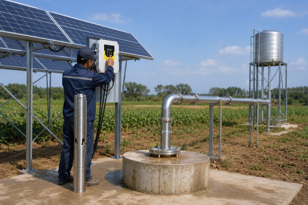 A realistic outdoor HYBSUN solar pump installation showing a high pressure solar water pump system in a farm setting. A stainless steel deep well submersible pump is displayed beside the borehole while the actual water line rises from the concrete wellhead through clean metal piping toward an elevated water tank. A Chinese technician adjusts the HYBSUN solar pump controller under a large solar panel array, with professional pipe supports, secure fittings, and a natural agricultural background. This image highlights a durable solar water pump solution for high head water delivery, irrigation, and off grid pressure applications, while also relating to solar powered pond pump and pond pump system setups that require reliable flow and strong performance.