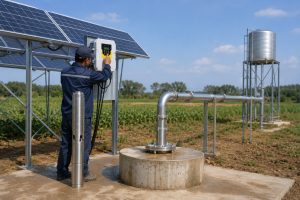 A realistic outdoor HYBSUN solar pump installation showing a high pressure solar water pump system in a farm setting. A stainless steel deep well submersible pump is displayed beside the borehole while the actual water line rises from the concrete wellhead through clean metal piping toward an elevated water tank. A Chinese technician adjusts the HYBSUN solar pump controller under a large solar panel array, with professional pipe supports, secure fittings, and a natural agricultural background. This image highlights a durable solar water pump solution for high head water delivery, irrigation, and off grid pressure applications, while also relating to solar powered pond pump and pond pump system setups that require reliable flow and strong performance.