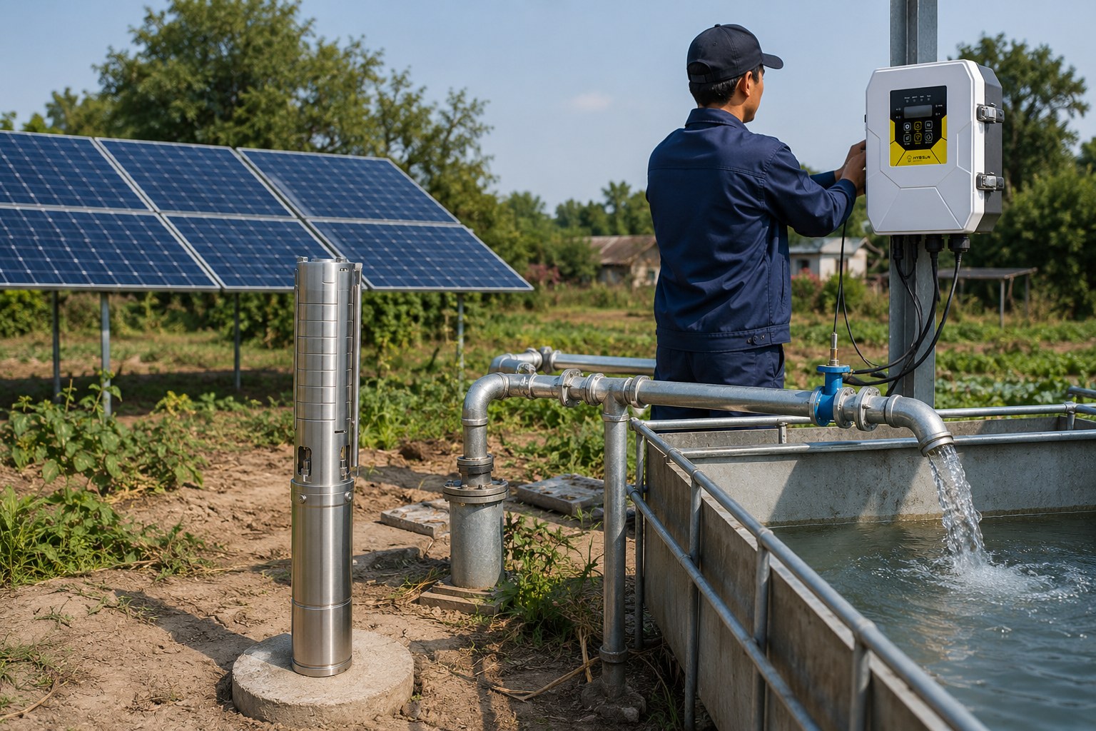 A powerful solar water pump system installed in a field