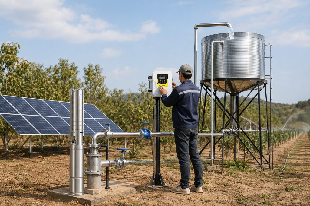A realistic outdoor installation scene showing a HYBSUN solar pump system for off-grid water supply in a rural irrigation field. A stainless steel deep well solar water pump is displayed beside a professional borehole wellhead, while clean metal pipes carry water from the well to a raised storage tank and irrigation line. Solar panels are installed nearby to power the system, and a technician is adjusting the HYBSUN controller mounted beside the pipeline. The scene highlights a powerful solar water pump setup designed for deep wells, farmland irrigation, water storage, and remote areas where grid electricity is unreliable. Although this installation is built for borehole pumping, the same solar pumping technology can also support applications such as a solar powered pond pump or pond pump system when matched with the correct head and flow requirements.