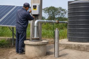 A realistic outdoor HYBSUN solar pump installation scene showing a stainless steel solar submersible borehole pump displayed beside a concrete wellhead, with clean metal outlet piping rising from the well and running through professional elbows, couplings, clamps, and a valve toward a large water storage tank. A Chinese technician in work clothes adjusts the HYBSUN solar pump controller mounted on a concrete post, while solar panels supply power in the background. The system appears ready for stable off grid water delivery, with no exposed pump operating on the ground, making the scene suitable for solar water pump applications, agricultural irrigation, borehole pumping, and related solar powered pond pump or pond pump system solutions.