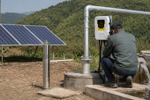A realistic outdoor installation scene showing a HYBSUN solar pump system for a rural borehole well. A stainless steel submersible water pump is displayed upright beside the wellhead, while the actual working setup focuses on a clean metal discharge pipe coming from the borehole and carrying water into a concrete tank. A Chinese technician is checking the white HYBSUN solar controller, with solar panels installed nearby on a hillside to power the system. The image highlights a professional solar water pump installation with strong pipe connections, visible water flow, and a practical off grid design suitable for irrigation, well water supply, livestock watering, solar powered pond pump applications, and pond pump system projects.