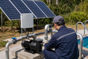 A professional technician inspects a black HYBSUN solar pump installed on a concrete equipment base beside a clean outdoor swimming pool. The pump is connected to new metal inlet and outlet pipes with secure unions valves and correctly positioned elbows for practical water circulation. A weatherproof solar pump controller is mounted nearby and linked to a large ground mounted solar panel array operating in bright sunlight. The clear blue pool water appears calm while the connected pipework forms a complete solar water pump system designed to reduce electricity use and support reliable filtration. Green tropical plants and a natural outdoor setting surround the installation. This realistic setup demonstrates how a conventional pool pump can be converted to solar and reflects the clean energy design principles also used in a solar powered pond pump or pond pump system.