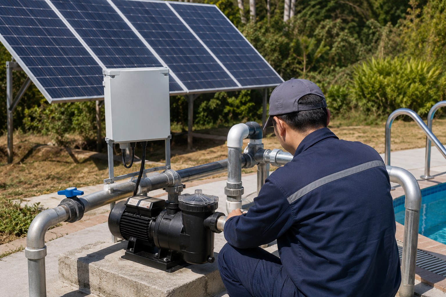 A solar panel array next to a swimming pool