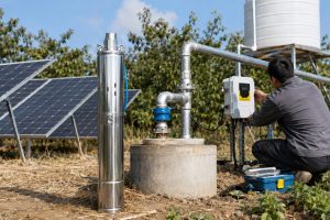 A realistic outdoor installation scene showing a HYBSUN solar pump system set up beside a rural borehole well. A polished stainless steel submersible solar water pump is displayed upright near the wellhead, while clean metal pipes rise from the borehole and connect professionally to an elevated water tank for water storage and irrigation use. Several solar panels are installed nearby to power the system, and a Chinese technician is checking the HYBSUN controller during installation. The scene shows a practical DIY solar water pump setup with proper pipe connections, controller wiring, and a natural farmland background, suitable for explaining whether homeowners can install a solar pump themselves. This image also relates to solar powered pond pump applications, pond pump system design, and reliable HYBSUN solar pump solutions for off grid water supply.