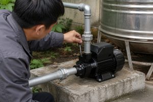 A Chinese technician adjusts a compact black surface pressure pump mounted securely on a concrete base beside a stainless steel water tank. Clean galvanized metal pipes connect the front inlet and vertical discharge outlet through professional threaded unions and a 90 degree elbow, with no visible leaks or active water flow during maintenance. The realistic outdoor installation shows a practical pond pump system layout suitable for a HYBSUN solar pump solar water pump or solar powered pond pump application although no solar panels are visible in the scene.