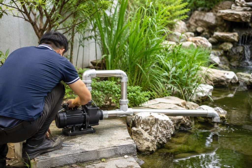 A Chinese technician checks a black surface-mounted pond pump installed on a stone platform beside a landscaped backyard pond. Clean metal inlet and outlet pipes connect the pump to the water, creating steady circulation toward a natural rock waterfall surrounded by lush green plants. The visible ripples and flowing water show how a properly installed pond pump system helps prevent stagnation and supports a healthier environment for fish and aquatic plants. Although no solar panels are shown, this practical setup could also be adapted for a solar powered pond pump using a compatible solar water pump or HYBSUN solar pump system.
