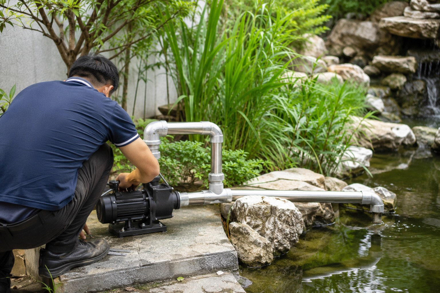 A clear backyard pond with a small fountain powered by a pump