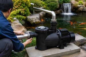 A realistic outdoor pond pump installation scene showing a Chinese technician checking a black HYBSUN pond pump system beside a landscaped koi pond. The pump is mounted on a concrete equipment pad and connected with clean stainless steel inlet and outlet pipes, using professional fittings that guide water back toward the pond and waterfall. Clear pond water, visible koi fish, natural rocks, green plants, and active water circulation show how a solar powered pond pump helps maintain oxygenation and filtration for healthy aquatic life. No solar panels are visible in this image, but the setup represents a practical HYBSUN solar pump application for a solar water pump or pond pump system used in continuous outdoor pond operation.