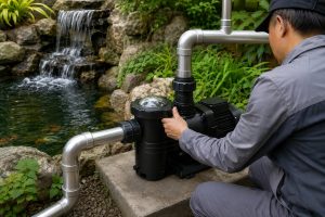 A Chinese technician inspects a single black pond pump system installed on a concrete platform beside a landscaped koi pond. The pump features a clear strainer cover, a compact motor housing, and clean stainless steel inlet and outlet pipes connected with professional unions and elbows. Water circulates gently through a natural rock waterfall, creating steady movement without excessive turbulence around the fish and aquatic plants. The surrounding garden includes green foliage, decorative stones, and calm pond water, illustrating why pump flow should match the pond volume and filtration capacity. This realistic installation also demonstrates the practical setup principles used for a solar powered pond pump, solar water pump, or HYBSUN solar pump system, although no solar panels are visible in the scene.