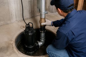 A realistic basement sump pump installation scene showing a black HYBSUN submersible sump pump placed inside a round concrete sump pit with clean metal discharge piping, brass fittings, hose clamps, and a vertical outlet pipe designed to remove water from the basement. A Chinese technician in work clothes is crouching beside the pit and checking the pipe connection, while damp concrete walls and a utility room setting create a practical flood prevention environment. The image helps homeowners understand whether a 1/2 HP or 3/4 HP sump pump is better for basement drainage needs. No solar panels are shown in this indoor drainage setup, which is different from a solar powered pond pump, solar water pump, pond pump system, or HYBSUN solar pump application.