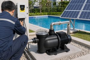 A Chinese technician checks a wall mounted HYBSUN solar pump controller beside a modern outdoor swimming pool while a single black solar pool pump operates on a concrete equipment base. The pump features a clear strainer lid, a compact motor housing and professionally connected stainless steel inlet and outlet pipes designed to circulate clean pool water. Angled photovoltaic panels supply solar energy to the system, with landscaped greenery and bright blue pool water in the background. This realistic installation demonstrates how a HYBSUN solar pump can support an efficient pool or pond pump system and serve as an energy saving alternative to a conventional solar water pump or solar powered pond pump.