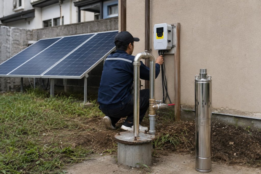 A realistic outdoor HYBSUN solar pump troubleshooting scene showing a Chinese technician checking a wall mounted solar pump controller beside a residential well system. A stainless steel submersible well pump is displayed upright near the wellhead, while clean metal discharge pipes with elbows, fittings and a red valve connect from the sealed well opening toward the home water supply. Solar panels are installed nearby to power the system, creating a practical solar water pump setup for restoring household water after a pump stops working. The natural installation environment, professional pipe connection and service inspection make the image suitable for topics about well pump repair, solar powered pond pump applications, pond pump system maintenance and HYBSUN solar pump solutions.