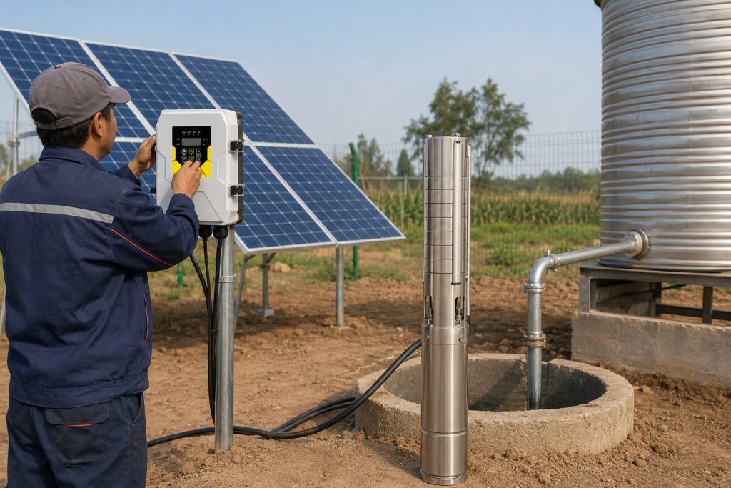 A realistic outdoor HYBSUN solar pump installation scene showing a Chinese technician adjusting a white solar pump controller beside a borehole well system. A stainless steel submersible well pump is displayed upright near the well opening, while the actual installation layout shows clean metal piping rising from the borehole and connecting toward a large water storage tank. Blue solar panels stand behind the system to power the pump in an off grid water supply setup. The scene includes professional pipe fittings, electrical cables, a controller mounted on a metal post, dry rural ground, farmland, and a storage tank, creating a practical example of how to install a solar water pump system for irrigation or remote water access. This image is relevant for HYBSUN solar pump applications, solar water pump installation, pond pump system planning, and solar powered pond pump or well pump solutions.