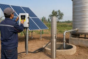 A realistic outdoor HYBSUN solar pump installation scene showing a Chinese technician adjusting a white solar pump controller beside a borehole well system. A stainless steel submersible well pump is displayed upright near the well opening, while the actual installation layout shows clean metal piping rising from the borehole and connecting toward a large water storage tank. Blue solar panels stand behind the system to power the pump in an off grid water supply setup. The scene includes professional pipe fittings, electrical cables, a controller mounted on a metal post, dry rural ground, farmland, and a storage tank, creating a practical example of how to install a solar water pump system for irrigation or remote water access. This image is relevant for HYBSUN solar pump applications, solar water pump installation, pond pump system planning, and solar powered pond pump or well pump solutions.