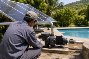 A Chinese technician inspects a black HYBSUN swimming pool pump installed on a concrete equipment base beside a clear outdoor pool. The pump is professionally connected to new stainless steel inlet and outlet pipes with secure unions valves and elbow fittings for reliable water circulation. Large solar panels are positioned behind the equipment to supply clean daytime energy while the enclosed pipework indicates water is circulating through the pool filtration system without visible leakage. Surrounded by palm trees green hills and bright natural sunlight the realistic installation shows how a HYBSUN solar pump can reduce electricity use for pool operation. The setup follows the same practical solar water pump principles used in a solar powered pond pump or pond pump system while remaining specifically designed for swimming pool circulation.