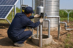 A Chinese technician resets the open pressure switch on a HYBSUN solar water pump system beside a rural borehole well. The installation features a stainless steel submersible pump displayed near the wellhead clean metal inlet and outlet pipes a pressure gauge expansion tank solar panels controller and a large stainless steel water storage tank. The connected pipework directs water toward the surrounding irrigation field creating a professional setup suitable for solar irrigation solar powered pond pump and pond pump system applications.